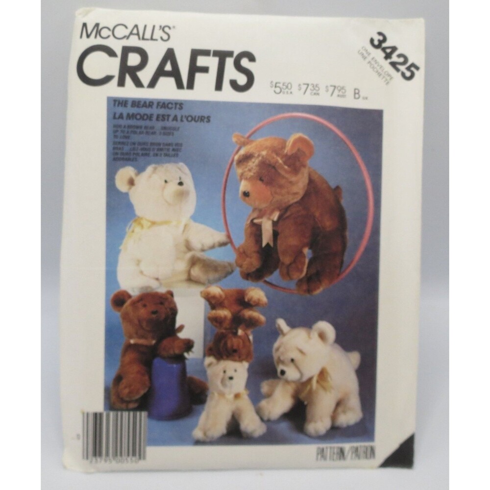 McCall's 3425 Crafts Stuffed Animal Bear Pattern 9" 14" 20" Vintage 1987